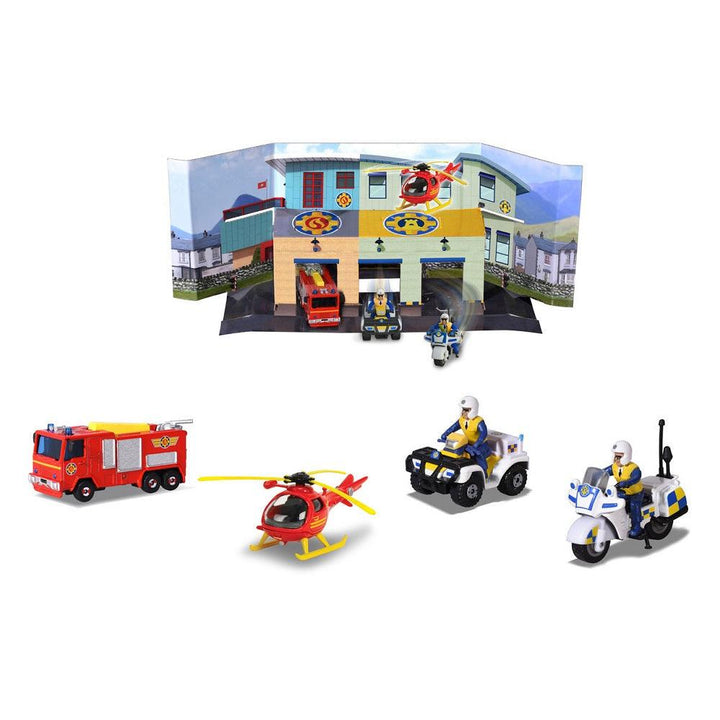 4 רכבי חירום ומשטרה עם דמויות - סמי הכבאי - צעצועים ילדים ודרקונים