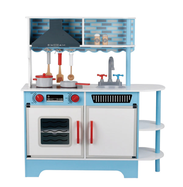 מטבח עץ לילדים עם 8 אביזרי משחק כחול - פיט טויס - צעצועים ילדים ודרקונים