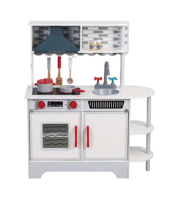 מטבח עץ לילדים עם 8 אביזרי משחק אפור לבן - פיט טויס - צעצועים ילדים ודרקונים