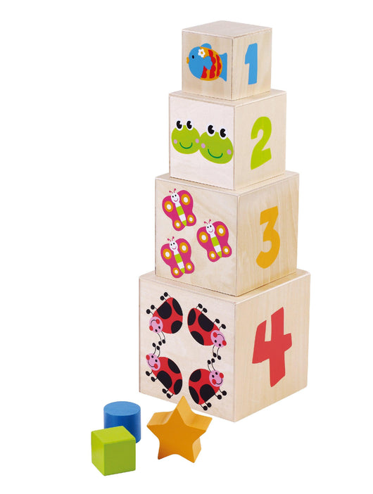 מגדל 4 קוביות עץ ללימוד צבעים, מספרים וחיות - פיט טויס - צעצועים ילדים ודרקונים