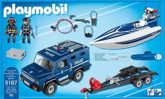 playmobil 5187 - פליימוביל 5187 - ג'יפ משטרה וסירת מירוץ על נגרר - פליימוביל - צעצועים ילדים ודרקונים