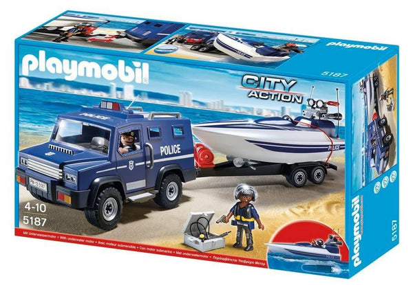 playmobil 5187 - פליימוביל 5187 - ג'יפ משטרה וסירת מירוץ על נגרר - פליימוביל - צעצועים ילדים ודרקונים