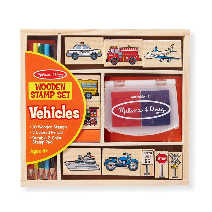 ערכת חותמות עץ כלי תחבורה מבית Melissa and Doug - צעצועים ילדים ודרקונים