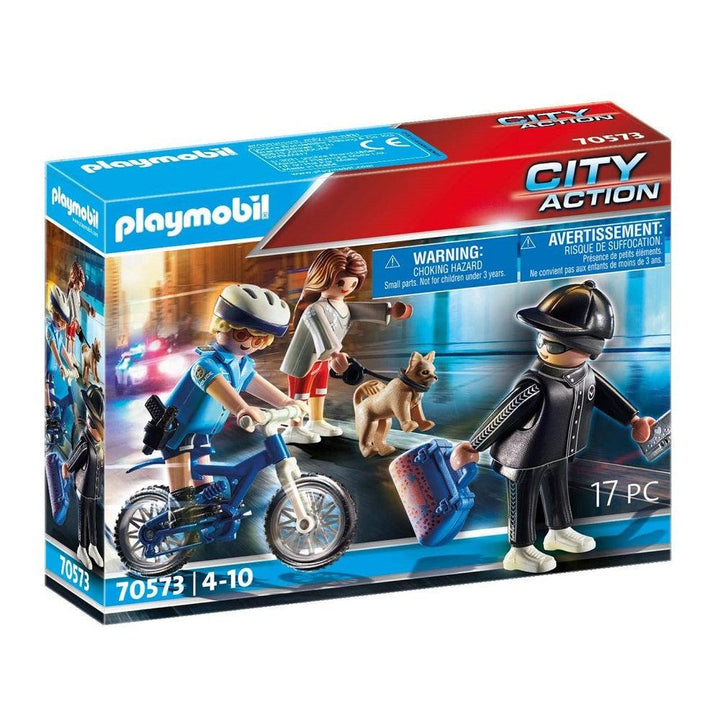 Playmobil פליימוביל 70573 "מרדף משטרתי: קצין סיור על אופניים וכייס" - 70573 - צעצועים ילדים ודרקונים