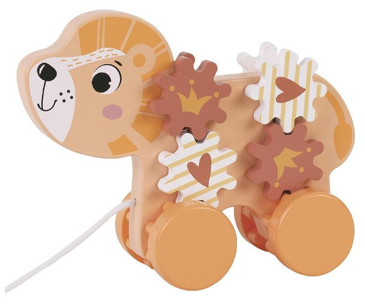 אריה נגרר עם גלגלי שינים מסתובבים מעץ - Pit Toys - צעצועים ילדים ודרקונים