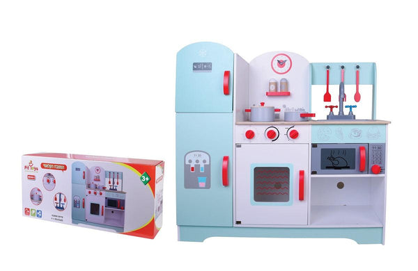 מטבח עץ קלאסי לילדים עם 8 אביזרי משחק כחול - פיט טויס - צעצועים ילדים ודרקונים